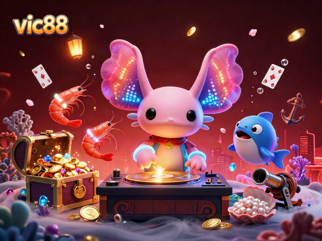 Experience the vibrant energy of vic88 with a neon axolotl DJ spinning records in an immersive underwater casino.