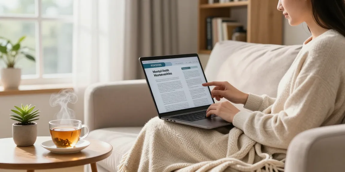 Relaxed individual reading ROKOK88 articles on mental health in a serene living room environment