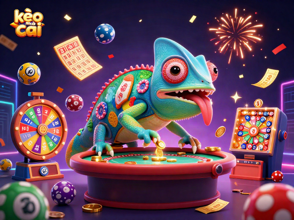 Engage with kèo nhà cái through a vibrant 3D casino scene featuring lively lottery elements.