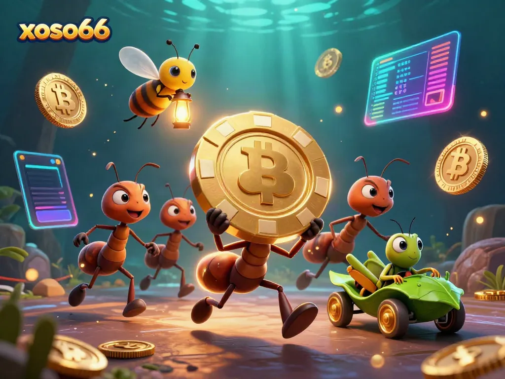 Engage with xoso66's thrilling gaming experience featuring ants heisting a golden poker chip.