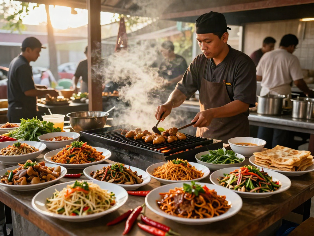 Experience rokok88 alternatif with vibrant Indonesian dishes being prepared in a lively kitchen.