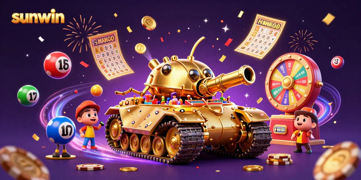 Experience the excitement of sunwin with a dynamic casino-themed 3D scene featuring a golden tank and lottery elements.