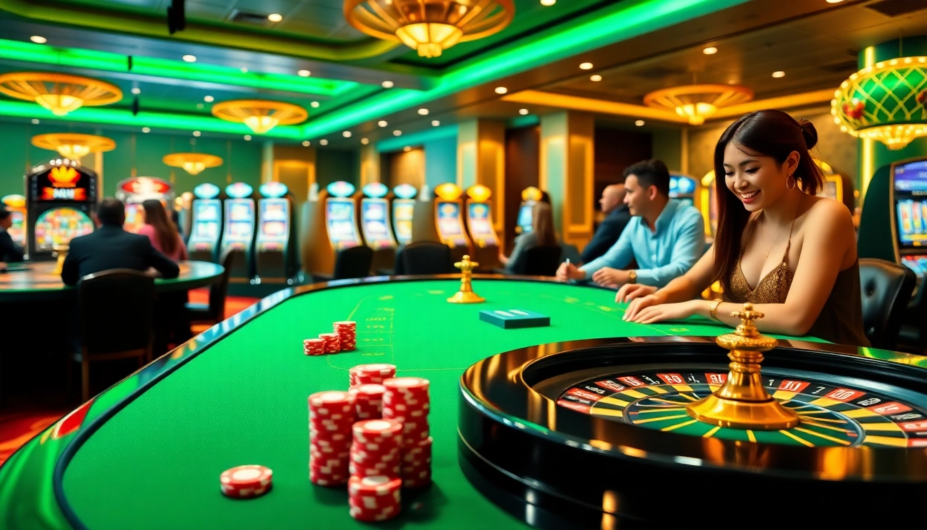 Lode88 players enjoying a professional casino environment with poker tables and slot machines.