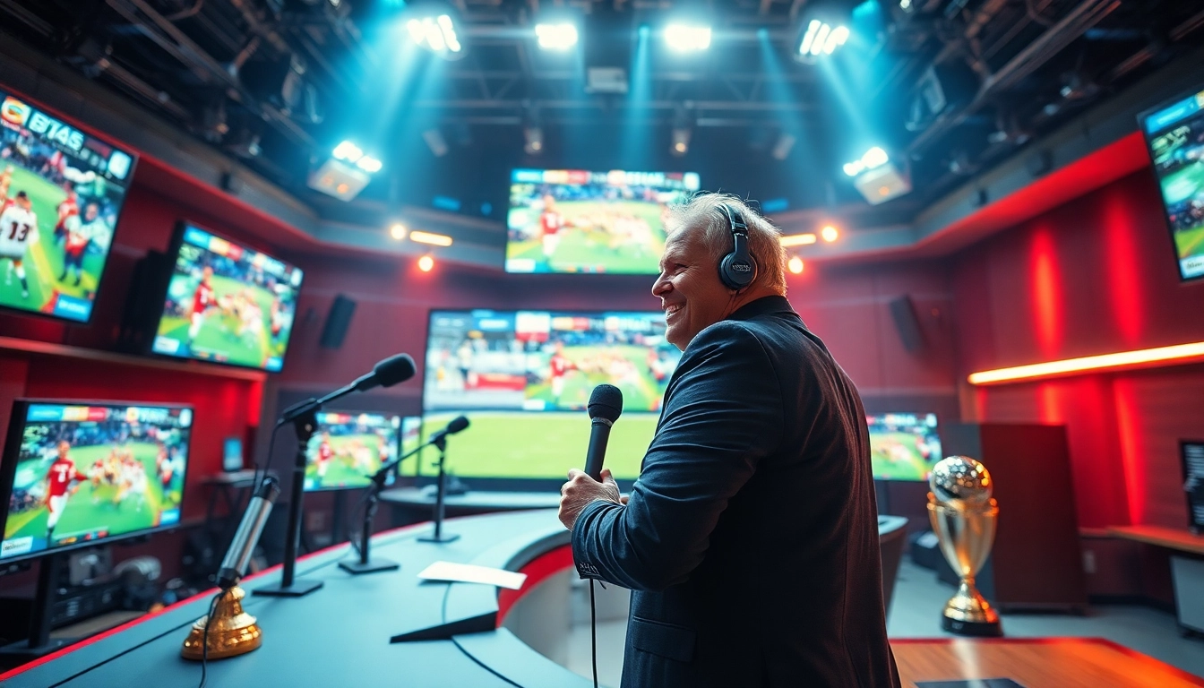 Engaging sports broadcasting setup showcasing a lively commentator amidst vibrant sports visuals.