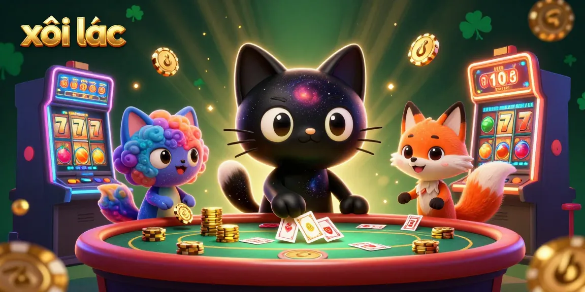 Xôi lạc cat pulls in casino chips, showcasing vibrant slot machines and a cosmic atmosphere.