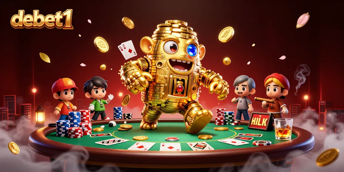 Experience debet1 with an engaging 3D illustration showcasing dynamic poker elements and casino flair.