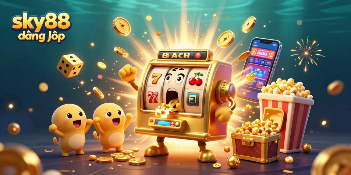 sky88 đăng nhập showcases a golden slot machine celebrating a jackpot amidst coins cascading down.
