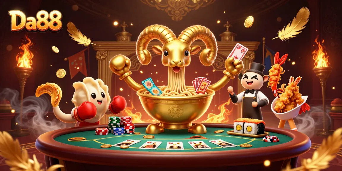 Engage in thrilling poker action with Da88 featuring dynamic characters, chips, and vibrant casino atmosphere.