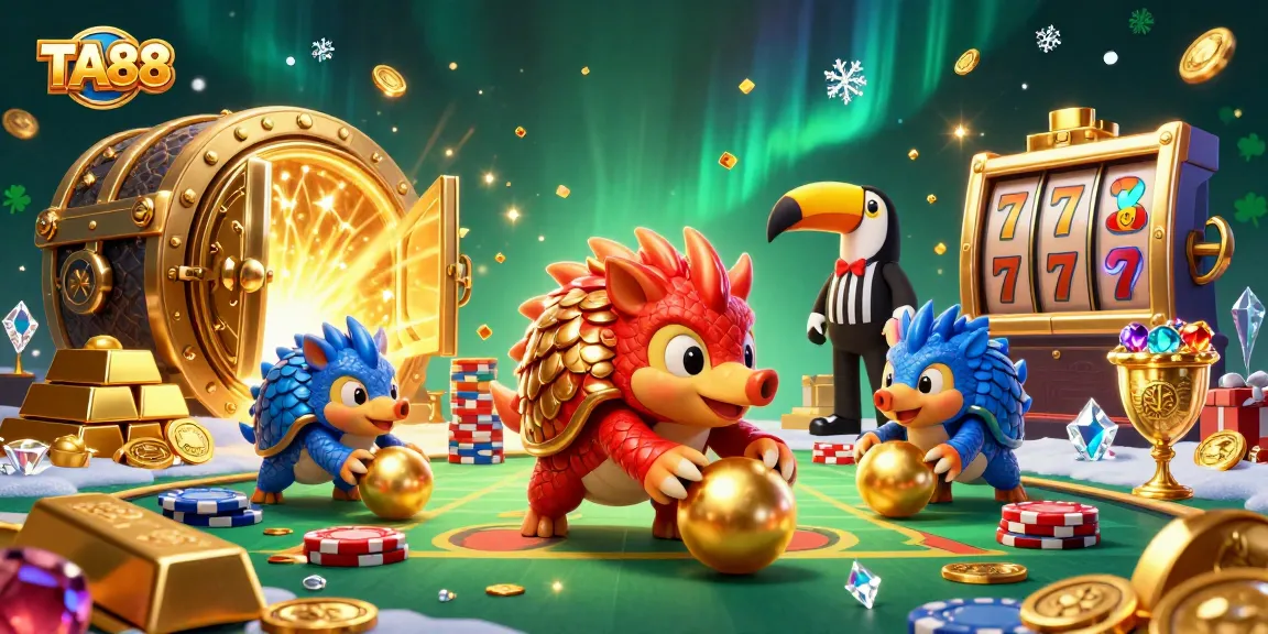 TA88 showcases rival pangolins in a vibrant casino scene, rolling through poker chips amidst gold treasures.