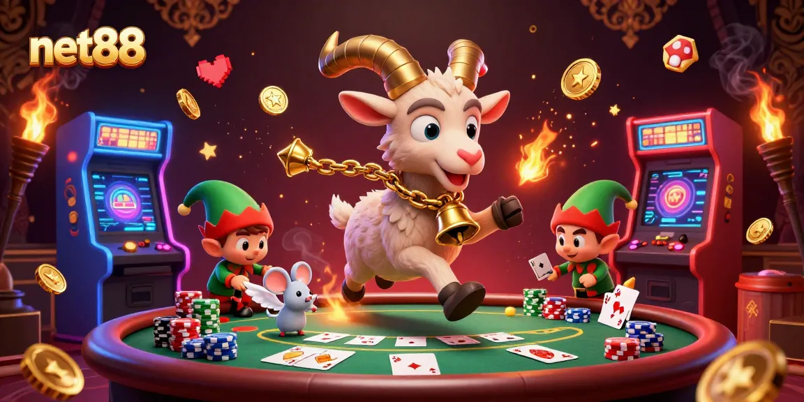 Experience the thrilling action at net88 with a festive casino scene featuring mischievous gremlins and vibrant poker elements.