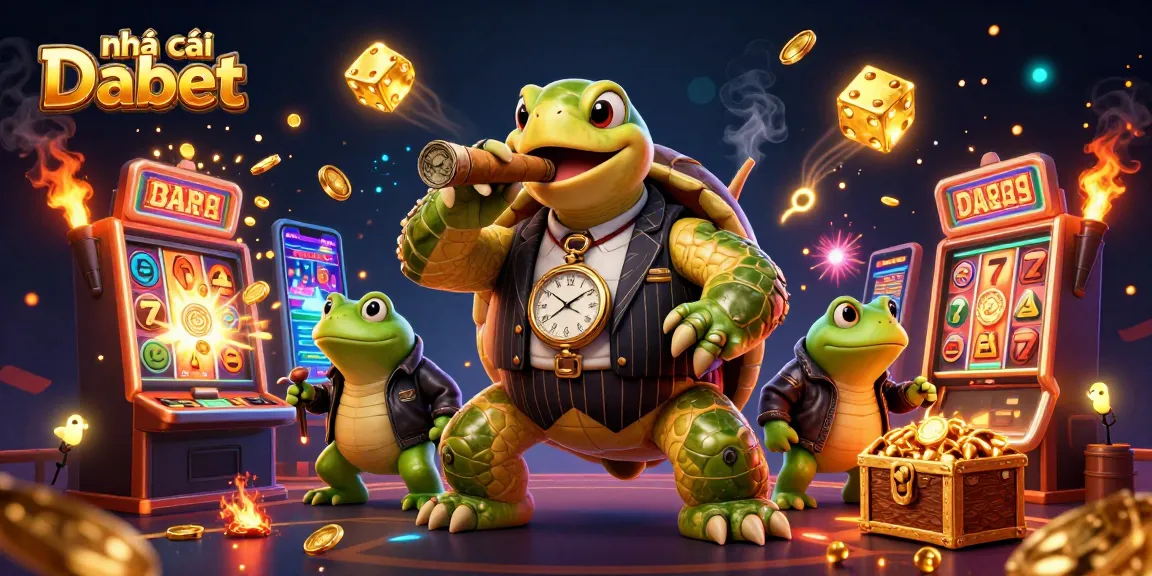 Engaging casino scene highlighting Nhà cái Dabet with a cartoon turtle in a vintage suit surrounded by dynamic gambling elements.