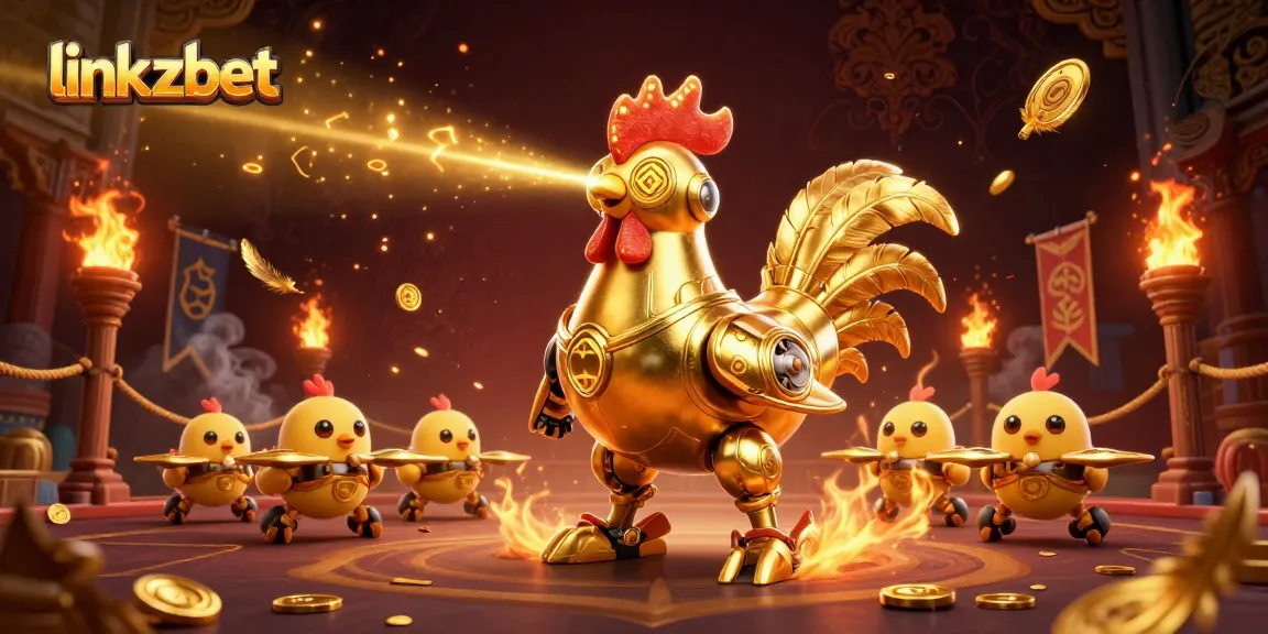 Engage with link zbet featuring golden rooster robot and baby chick drones in a vibrant casino scene.