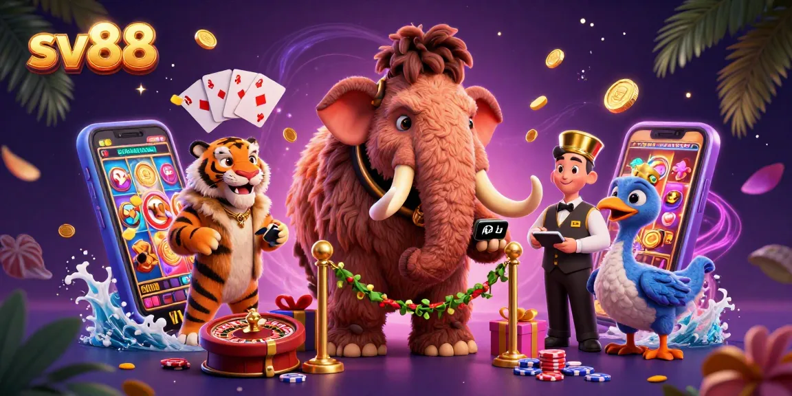Join the excitement at sv88 with cartoon characters celebrating casino games amidst vibrant colors and rich detail.