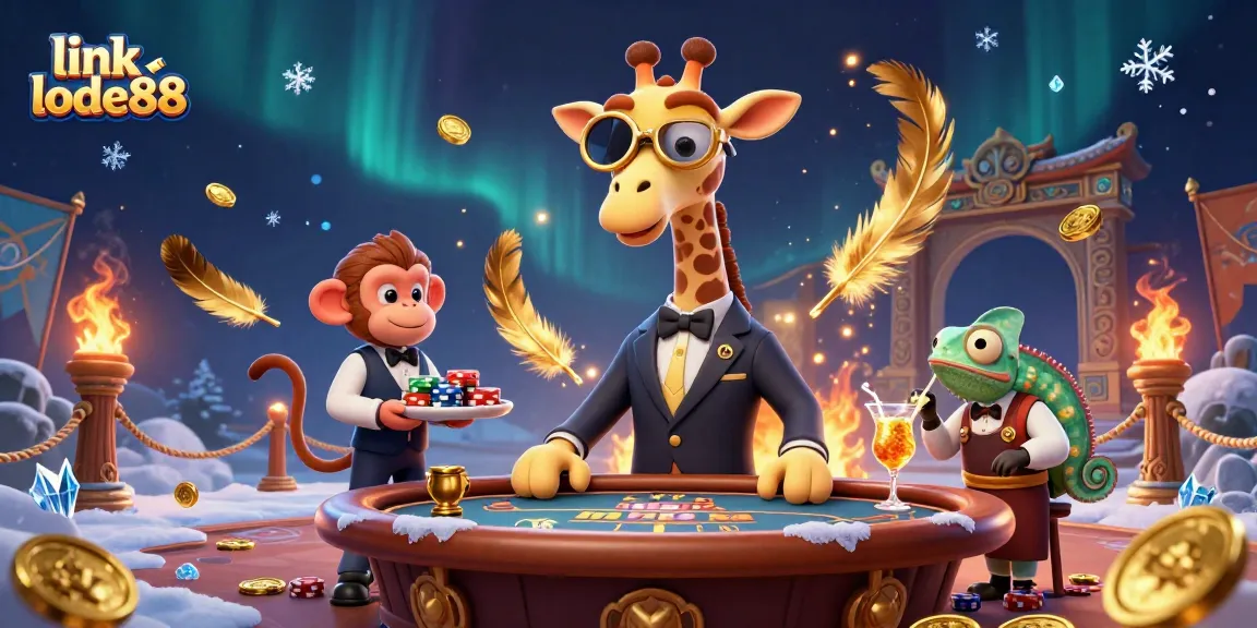 Engage with link lode88 in a vibrant casino scene featuring a giraffe, monkey, and chameleon.