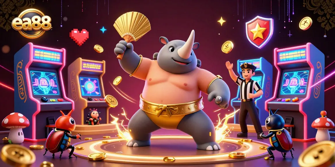 ea88 vibrantly showcases a sumo champion beetle amidst flying coins in a colorful casino scene.