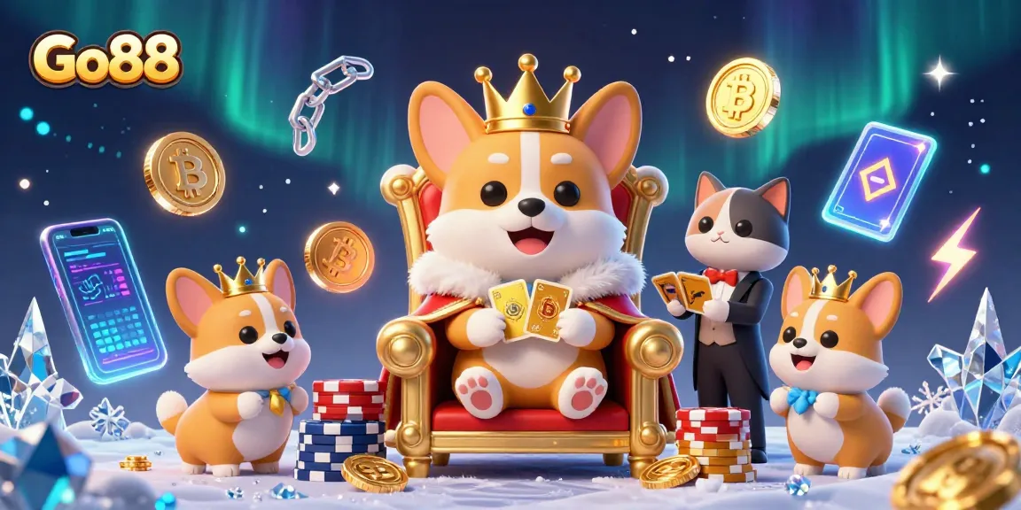 Experience the thrilling casino vibe at Go88 featuring royal corgi characters and neon bitcoin coins.