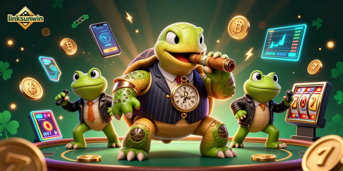 Engage with linksunwin's electrifying casino scene showcasing crypto elements and vibrant characters.