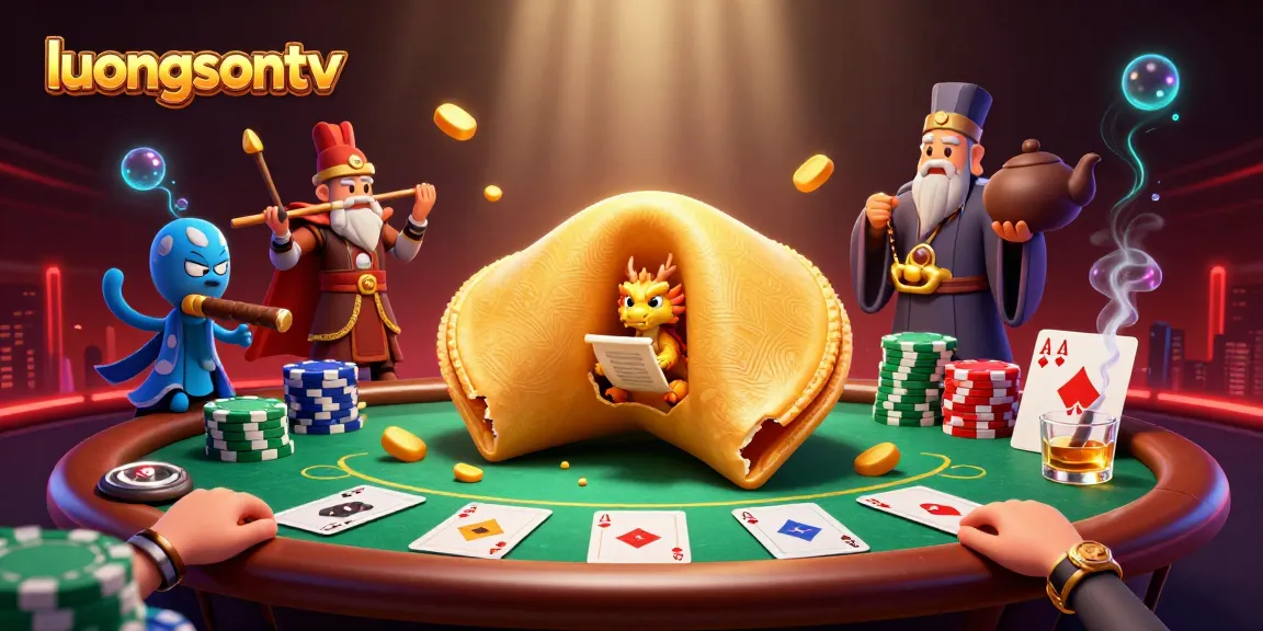 Experience the vibrant energy of luongsontv with this dynamic illustration of a fortune cookie scene, showcasing poker elements and colorful characters.