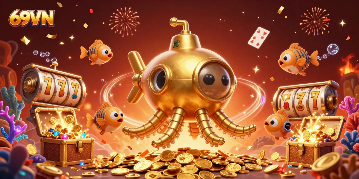 Engage in thrilling gameplay at 69VN with golden kraken submarine and treasure chests bursting with winnings.