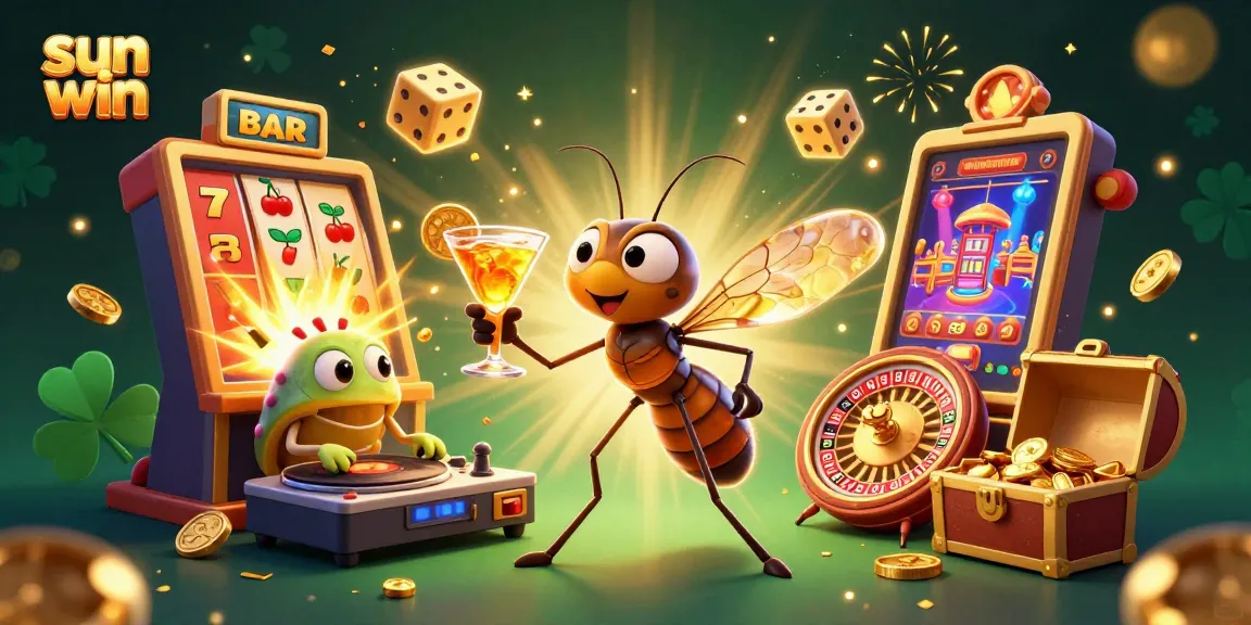 Win big with sun win at a lively casino scene featuring unique characters and vibrant gaming elements.