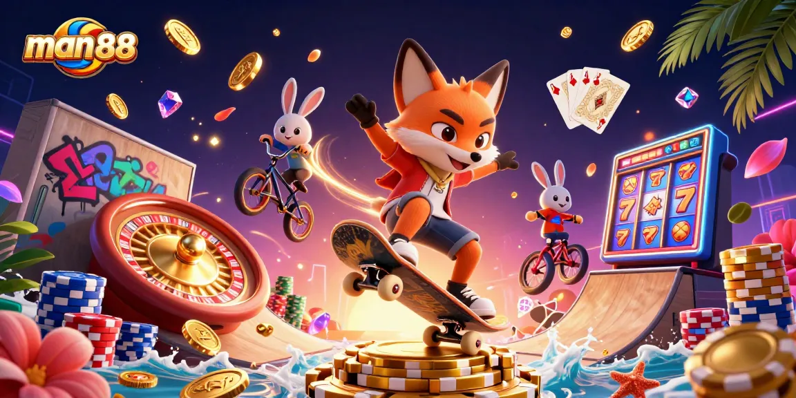 Experience thrilling games with man88 as a skateboarder fox and BMX rabbit showcase their casino tricks.
