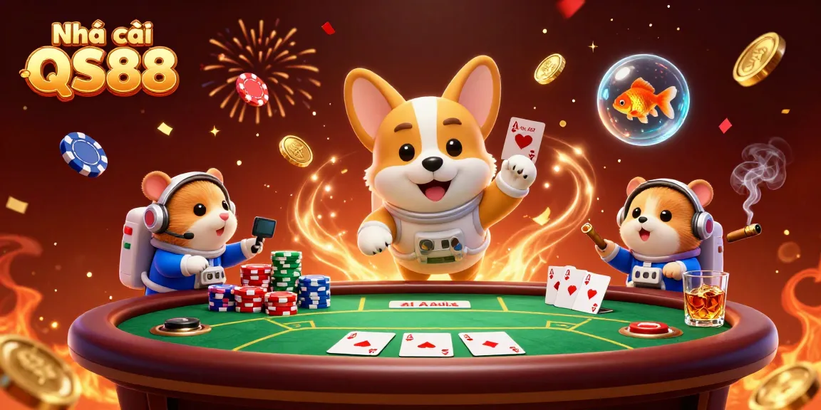 Play thrilling games at Nhà cái QS88 with poker chips and fun characters in an exciting casino scene.