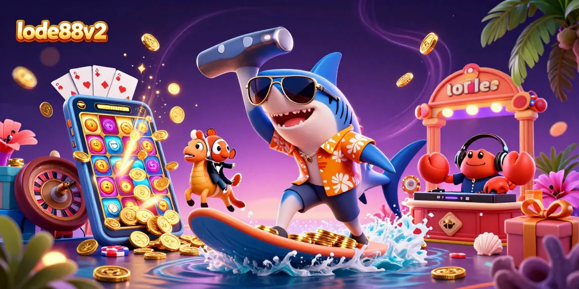 Join the excitement of lode88v2 as characters surf gold coin waves in a vibrant casino world.