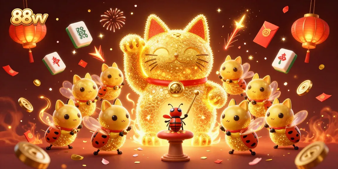 Engage with the lucky cat from 88vv amidst a festive casino celebration scene.